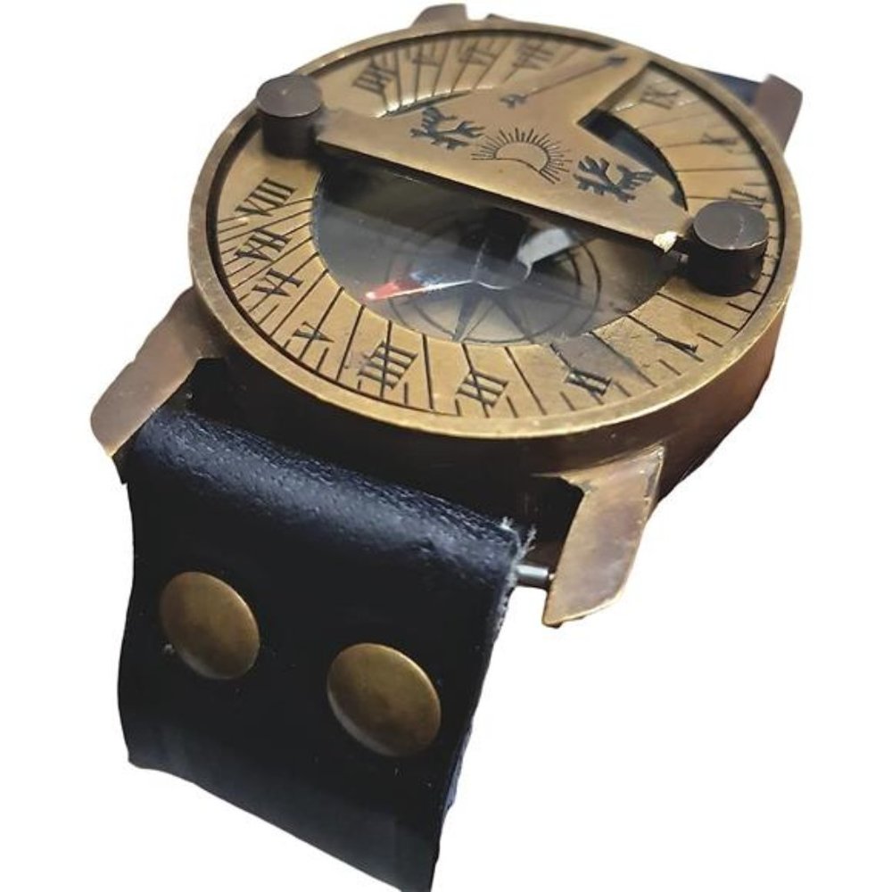 Vintage Antique Sundial Compass with Leather Band Retro Watch Compass Nautical